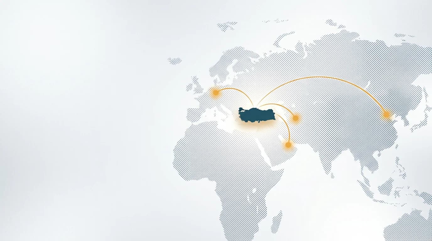 Dotted world map with golden connection arcs radiating from Türkiye to Germany, Iran, the UAE, and China