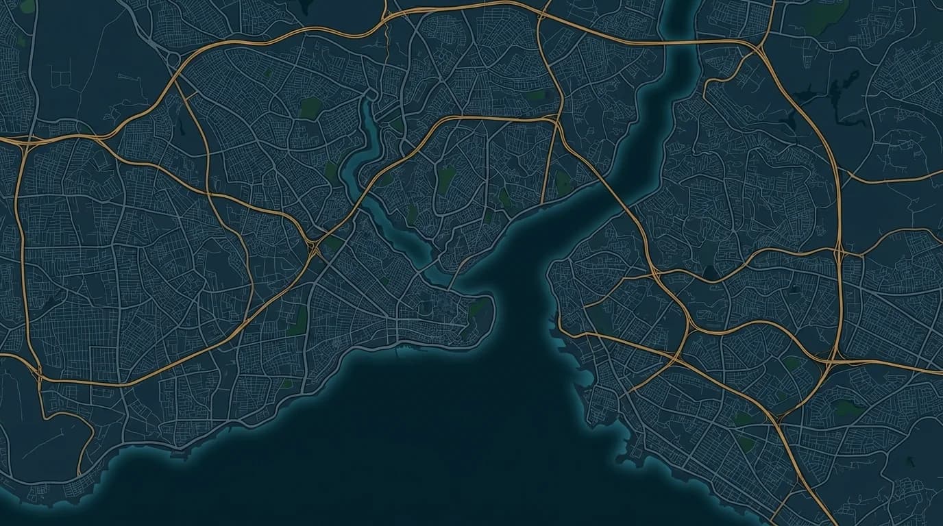 Stylized night map of İstanbul with the Genrance head office marked